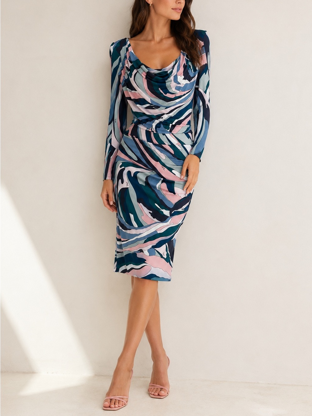 EMILIO PUCCI Draped Cowl Neck Ruched Abstract Print Long Sleeve Dress - Picture 1 of 16